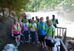 Union College students posed for a picture with trash they collected by Cumberland Falls