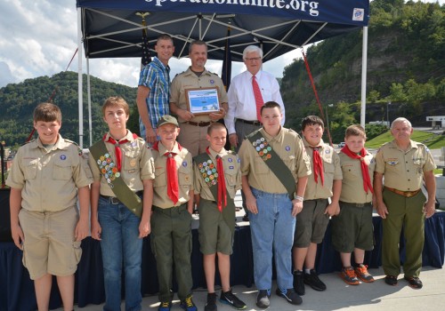 Jimmy Rose, Troop Leader Charles Boggs, Congressman Hal Rogers, and Boy Scout Troop 90 of Perry County