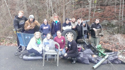 These Letcher County Central High School PRIDE Club members earned a PRIDE award for volunteering to clean the Kentucky River on Nov. 23. Kneeling (left to right): Cassidy Breeding, Kacey Trout, Amber Crawford and Kennedy Breeding. Back Row (left to right): Cody Baker, Jarrett Fields, Danielle Cuellar, Regina Donour, Mason Salyers, Jarod Sexton, Austin Aversole, Antonio Acevedo, Joshua Smith and Dustin Watts.