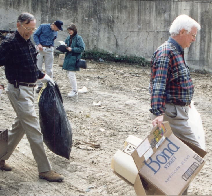 The late Gen. James Bickford (L) and Congressman Hal Rogers (R) participate in an early PRIDE Cleanup event.