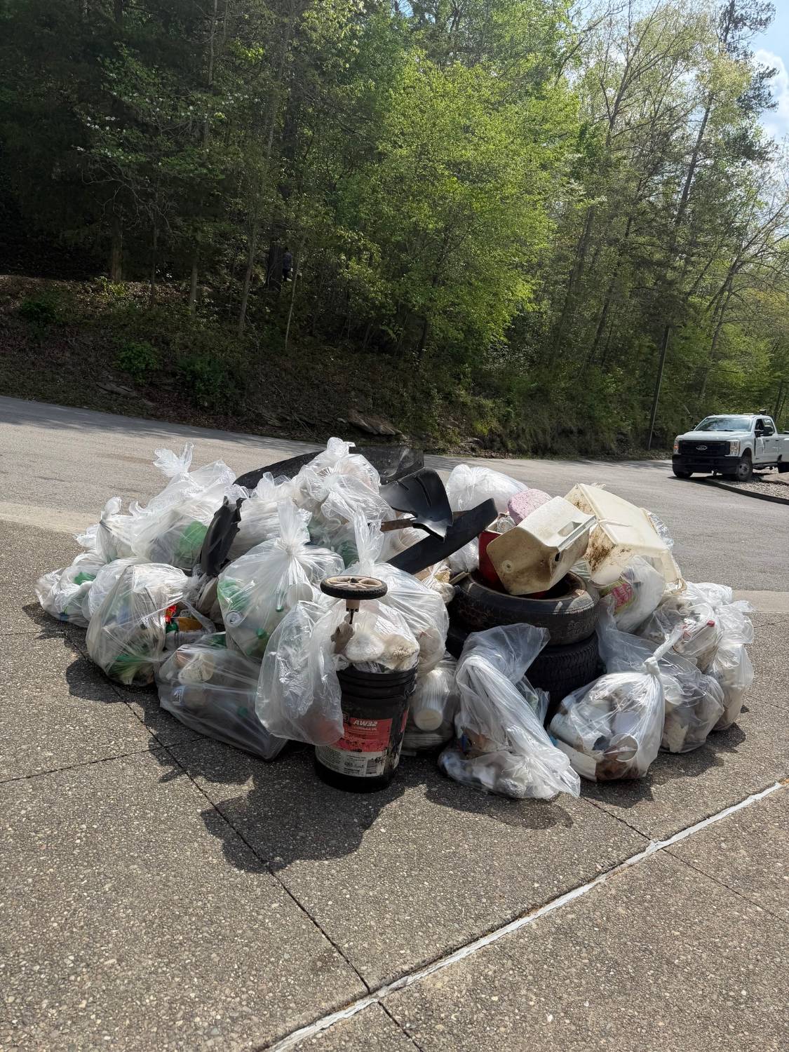 Bags of trash and debris collected during a Kentucky Wildlands volunteer roadside cleanup